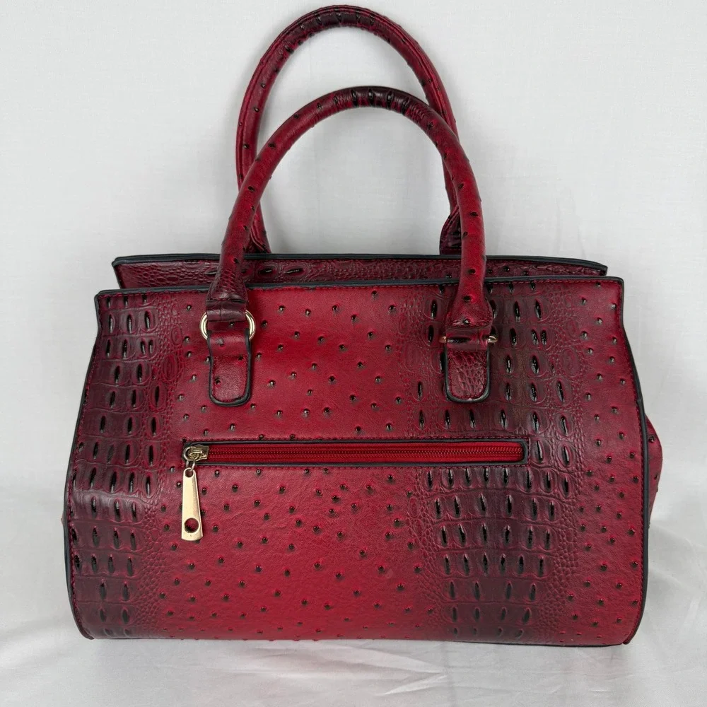 Mia K Farrow Red Ostrich Crocodile Embossed Satchel Handbag Gold Hardware